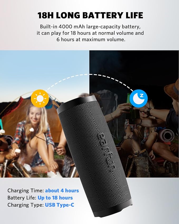 EarFun UBOOM Slim Bluetooth Speaker with Mic, Bluetooth 5.2 Portable Speaker, 100% Waterproof, 18H Playtime (Black)