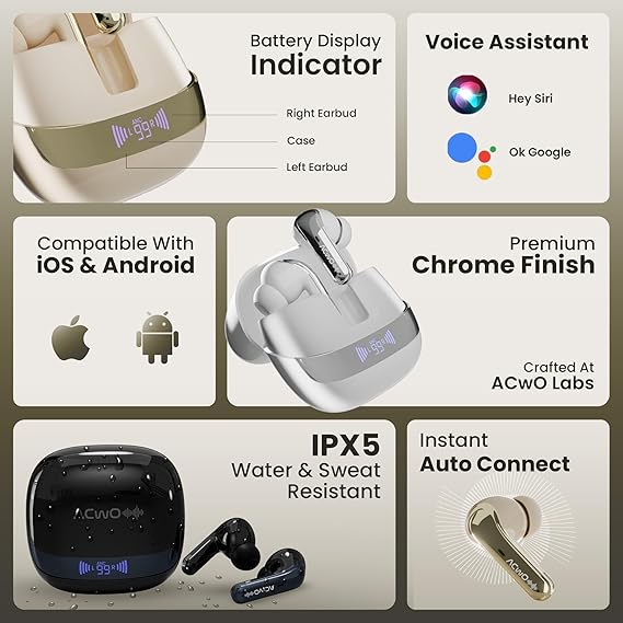 ACwO DwOTS 747 TWS Earbuds | Dual Device Connectivity | ANC 32dB | 4 AI-ENC Mics | 65H Playback (3 color options)