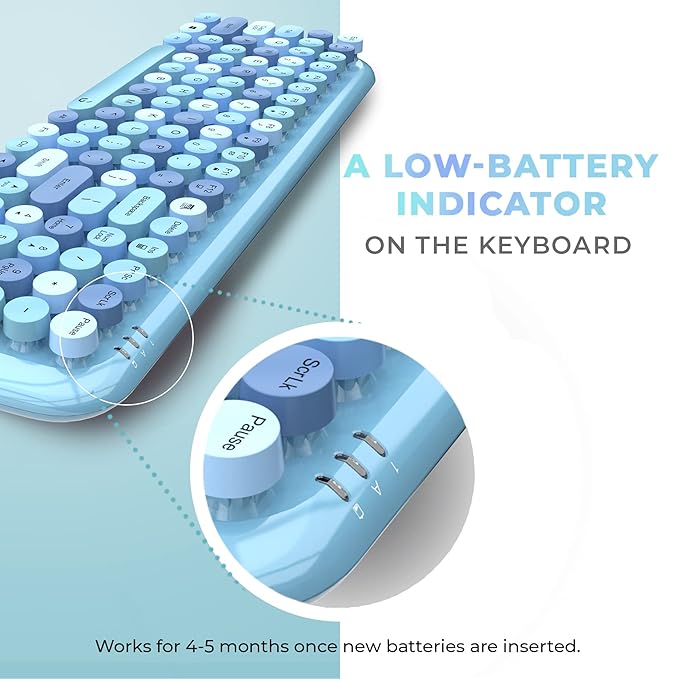 iGear KeyBee Retro Typewriter Inspired 2.4GHz Wireless Keyboard with Mouse Combo for Desktop/Laptop and Devices with USB Support, Single Nano Receiver, Round Keycaps, Cleaning Brush (White) (Blue)