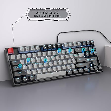 MageGee 75% Mechanical Gaming Keyboard with Blue Switch, LED Blue Backlit Keyboard, 87 Keys Compact TKL Wired Computer Keyboard for Windows Laptop PC Gamer - Grey/Black
