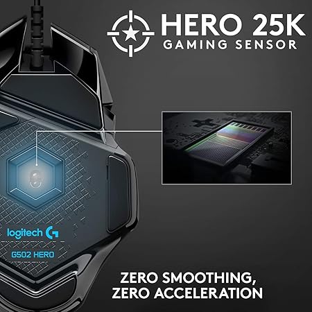 Logitech G502 Hero High Performance Wired USB Gaming Mouse, Hero 25K Sensor, 25,600 DPI, RGB, Adjustable Weights, 11 Programmable Buttons, On-Board Memory, PC/Mac - Black