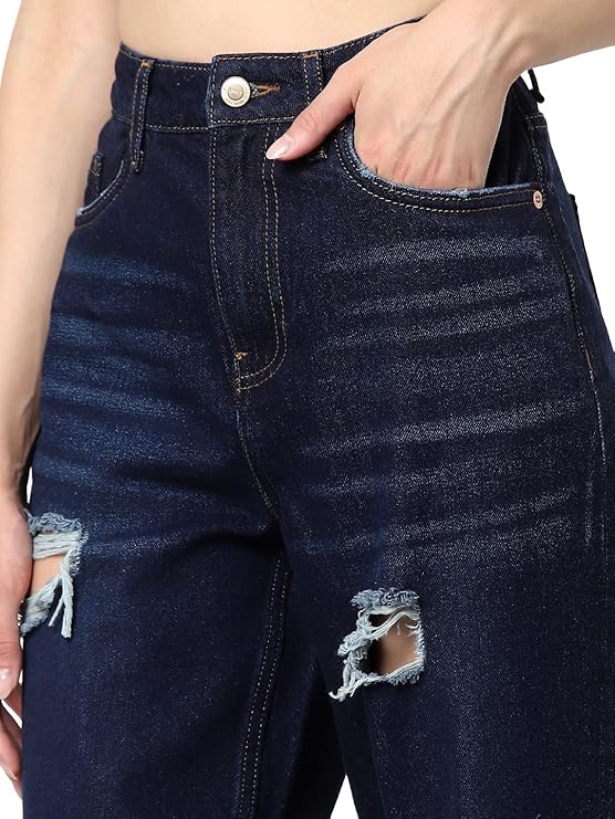 ONLY Women's Mom Fit High Rise Distressed Jeans