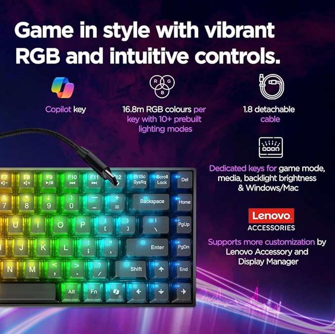 Lenovo Legion K510 Mini Pro Gaming Keyboard, 16.8 Million Colors RGB Per Key, Programmable |100% Anti Ghosting Mechanical switches |Customizable| USB 2.0 Interface
