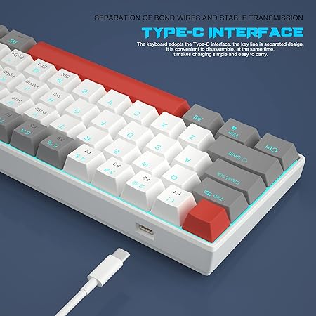 60% Mechanical Gaming Keyboard, Grey&White Gaming Keyboard with Hot Swappable Linear Red Switches, Wired Detachable Type-C Cable Mini Keyboard with Powder Blue Backlight for Windows/Mac/PC/Laptop