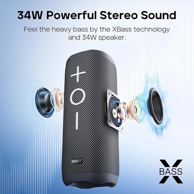 Tribit StormBox 2 Bluetooth Speaker with 34W 360° Surround Sound, XBass Tech, 24H Playtime (Black)