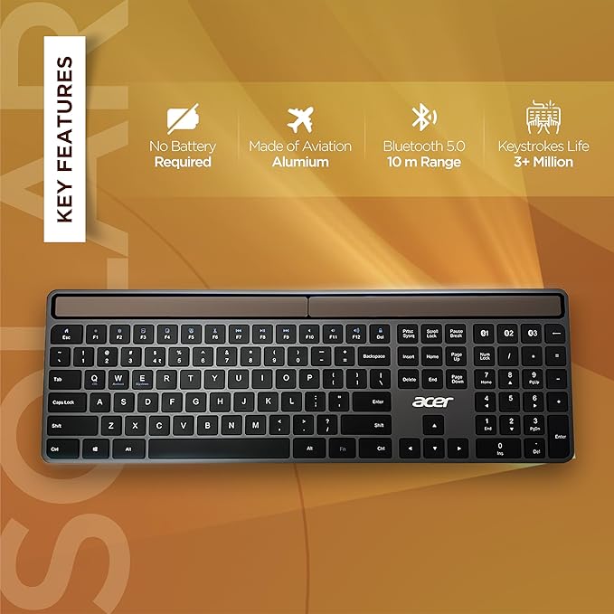 Acer Solaris Solar Powered Bluetooth Keyboard, 109-Key Wireless Keyboard with Super-Capacitor, Multi-Device BT 5.0, Type-C Emergency Charging, 10m Range, for Windows, Mac, Android, Space Grey