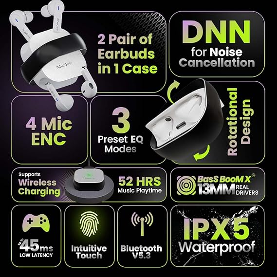 ACwO Dwots Fire India's First in Ear + Half-in-Earbuds in One Case, 3+3 EQ Modes, Wireless Charging Enabled, AI-ENC with Quad Mic (3 Color options)