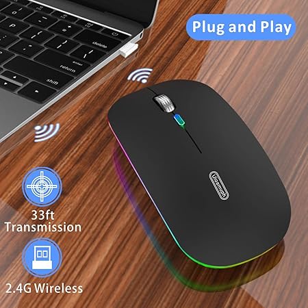 Uiosmuph LED Wireless Mouse, G12 Slim Rechargeable Wireless Silent Mouse, 2.4G Portable USB Optical Wireless Computer Mice with USB Receiver and Type C Adapter (Matte Black)