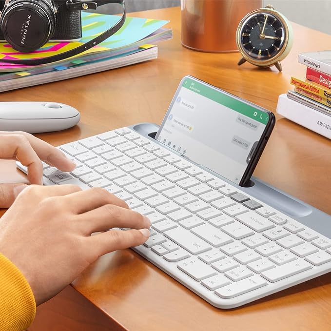 Logitech K580 Slim Multi-Device Wireless Keyboard Bluetooth/Receiver, Compact, Easy Switch, 24 Month Battery, Win/Mac, Desktop, Tablet, Smartphone, Laptop Compatible - White