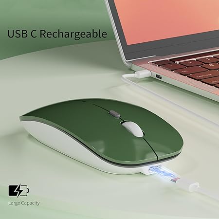 Q5 Slim Rechargeable Wireless Mouse, 2.4G Portable Optical Silent Ultra Thin Wireless Computer Mouse with USB Receiver and Type C Adapter, Compatible with PC, Laptop, Desktop (Blackish Green)