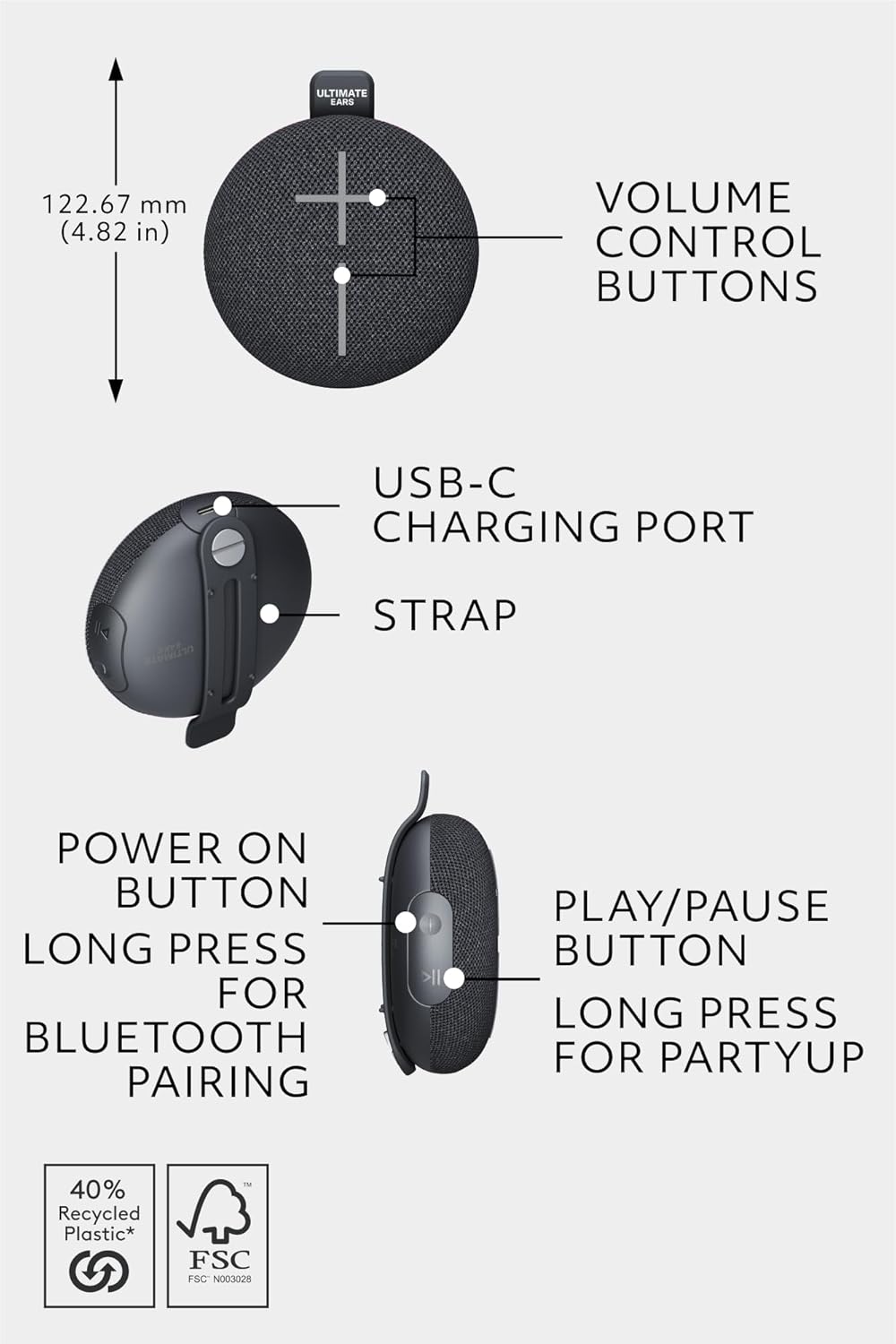 Ultimate Ears MINIROLL Ultra-Portable Waterproof Bluetooth Speaker, Big Bass, IP67 Dustproof, 40 m (131 ft) - (4 color options)