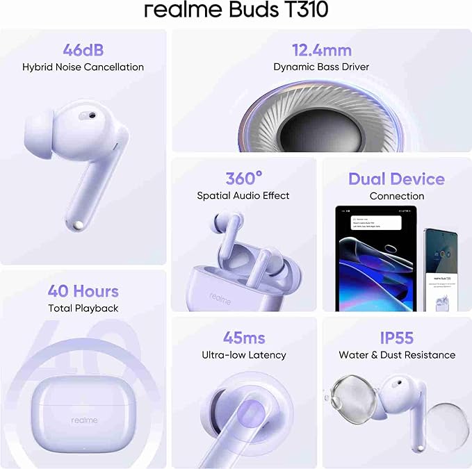 realme Buds T310 True Wireless in-Ear Earbuds with 46dB Hybrid ANC, Upto 40Hrs Battery and Fast Charging (3 Color options)