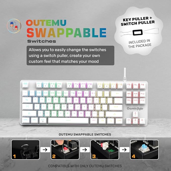 Cosmic Byte CB-GK-37 Firefly Per-Key RGB TKL Mechanical Keyboard with Swappable Outemu Red Switch, Macros, Software (White)