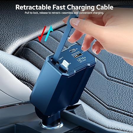 AMPERE 93W Retractable Car Charger - 4 in 1 Fast Car Charger with USB-C & Lightning Cables & Dual USB Ports (Type-C PD & USB-A)