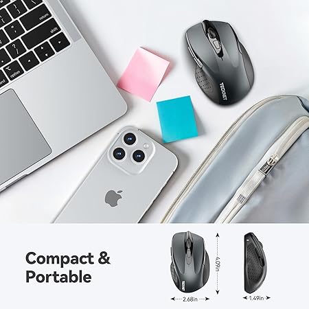 Tecknet M003 2.4G Ergonomic Wireless Mobile Optical Mouse with USB Nano Receiver (Grey)