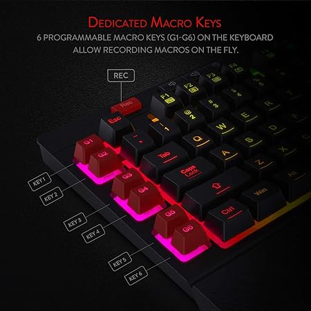 Redragon Shiva K512 RGB Backlit Membrane Wired Gaming Keyboard with Multimedia Keys, 6 Extra On-Board Macro Keys, Dedicated Media Control, Detachable Wrist Rest- Black