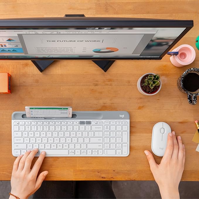 Logitech K580 Slim Multi-Device Wireless Keyboard Bluetooth/Receiver, Compact, Easy Switch, 24 Month Battery, Win/Mac, Desktop, Tablet, Smartphone, Laptop Compatible - White