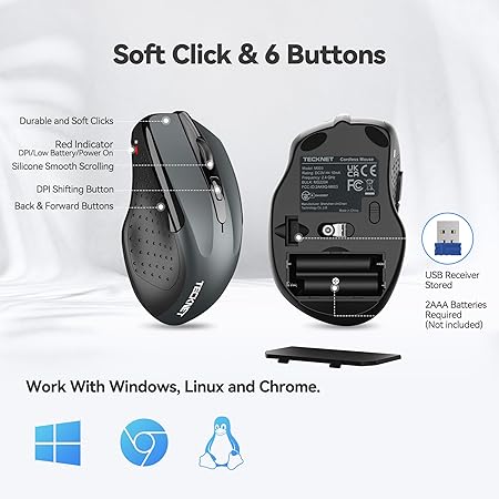 Tecknet M003 2.4G Ergonomic Wireless Mobile Optical Mouse with USB Nano Receiver (Grey)