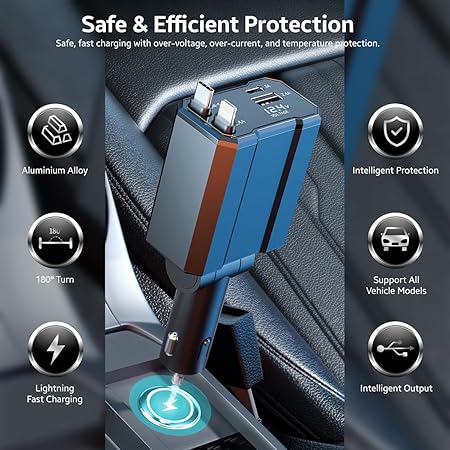 AMPERE 93W Retractable Car Charger - 4 in 1 Fast Car Charger with USB-C & Lightning Cables & Dual USB Ports (Type-C PD & USB-A)