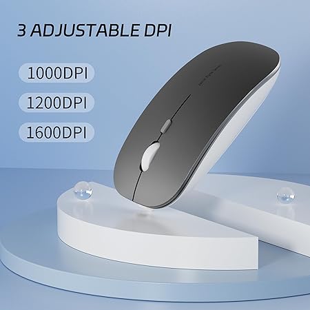 Picktech Q5 Slim Rechargeable Wireless Mouse, 2.4G Portable Optical Silent Ultra Thin Wireless Computer Mouse with USB Receiver and Type C Adapter, Compatible with PC, Laptop, Notebook, Desktop (Grey)