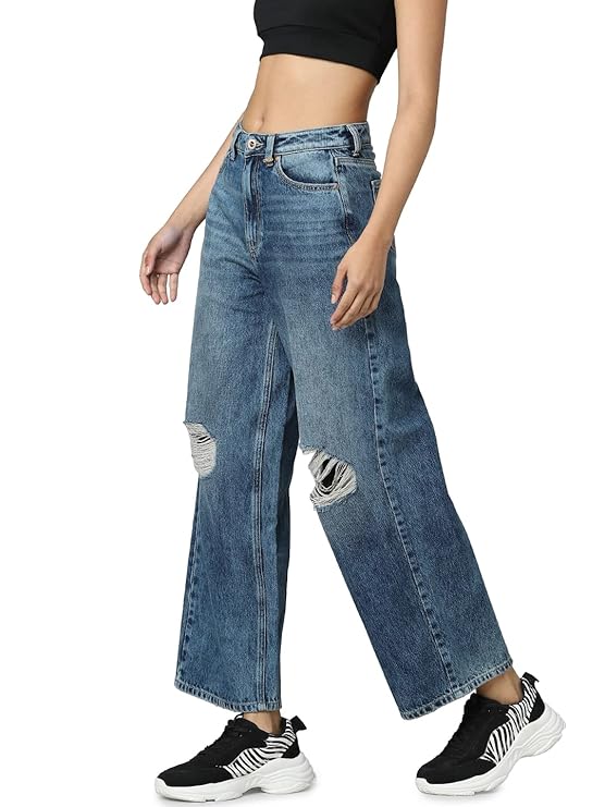 ONLY Women Blue Wide Leg High-Rise Highly Distressed Light Fade Jeans