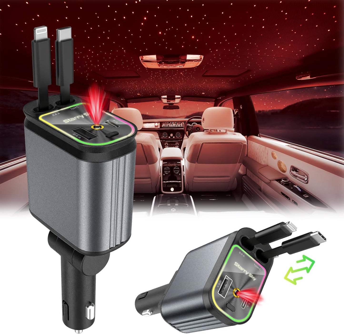 PROODOS Retractable Car Charger with Starlight Projection on Car Roof | Car Accessories Super Fast Car Charger 4 in 1