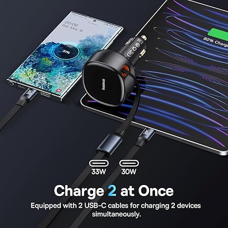 USB C Car Charger, Baseus Retractable Type C Car Charger 2-in-1 Car Charger 33W, Fast Car Charger Adapter