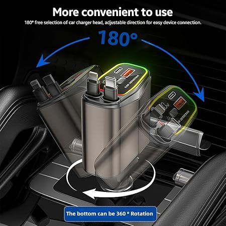 AMPERE 96W Retractable Car Charger - 4 in 1 Fast Car Charger with USB-C & Lightning Cables & Dual USB Ports (Type-C PD & USB-A)