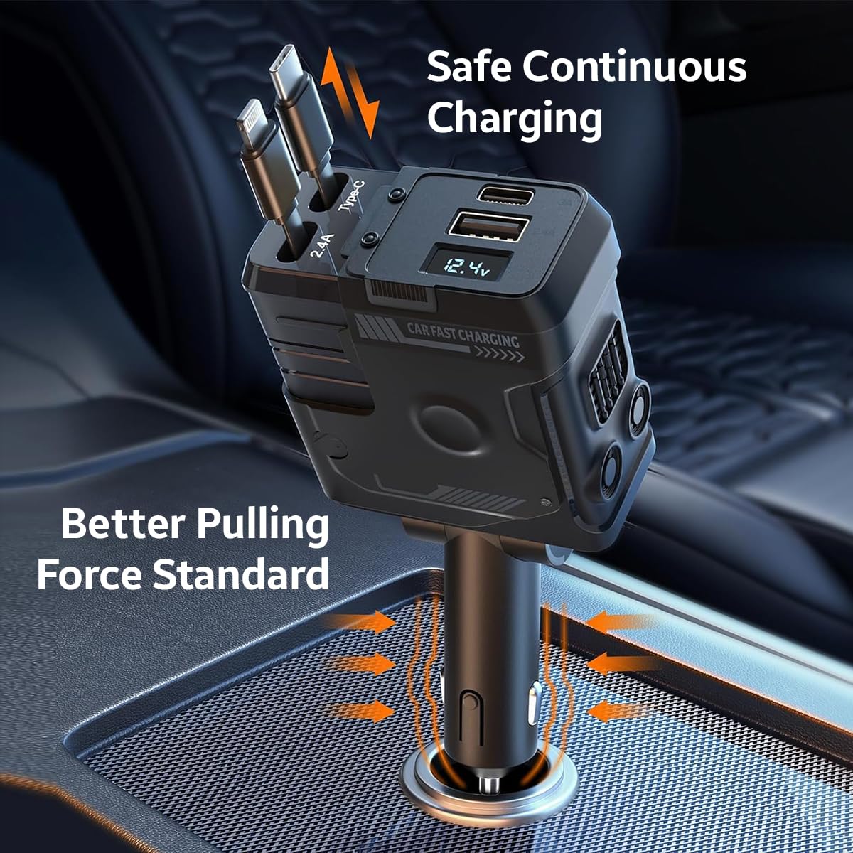 AMPERE 66W Retractable Car Charger - 4 in 1 Fast Car Charger with USB-C & Lightning Cables & Dual USB Ports (Type-C PD & USB-A)