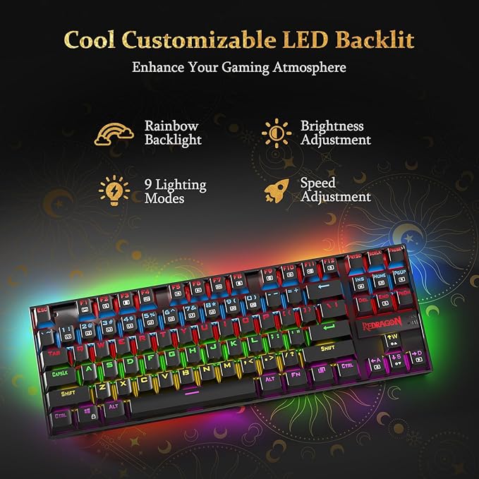 Redragon Kumara K552 Rainbow LED Backlit TKL Ten Key-Less Mechanical Wired Gaming Keyboard Without Numlock Keys (Black)