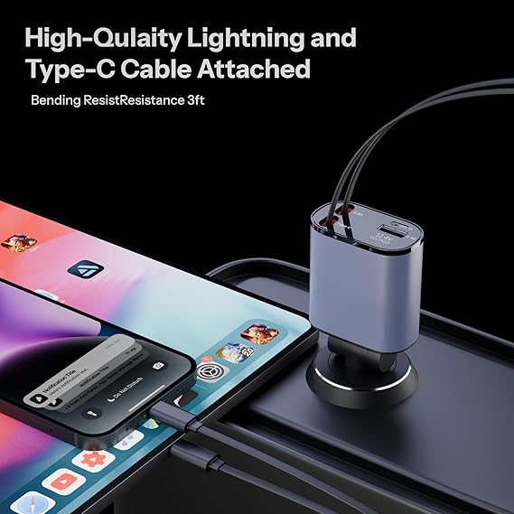 AILKIN 120W 4 in 1 Retractable Car Charger, Super Fast Charge Car Phone Charger, Retractable Cables & 2 USB Ports Car Adapter (Grey)