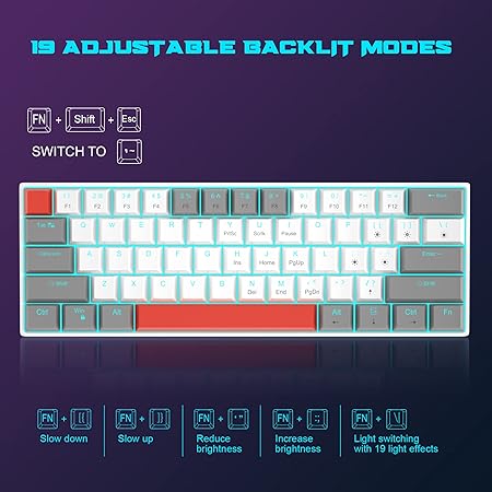 60% Mechanical Gaming Keyboard, Grey&White Gaming Keyboard with Hot Swappable Linear Red Switches, Wired Detachable Type-C Cable Mini Keyboard with Powder Blue Backlight for Windows/Mac/PC/Laptop
