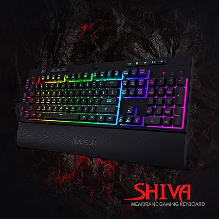Redragon Shiva K512 RGB Backlit Membrane Wired Gaming Keyboard with Multimedia Keys, 6 Extra On-Board Macro Keys, Dedicated Media Control, Detachable Wrist Rest- Black