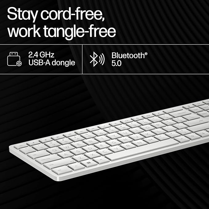 HP 970 Creator Keyboard, Wireless and Multi-Device with 20 programmable Shortcut Keys, Backlit with sensors, up to 6 Month Battery, AES encrypted, 0.67 kg, Silver