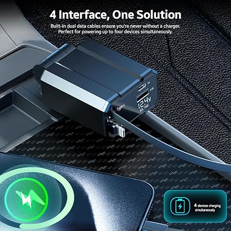 AMPERE 93W Retractable Car Charger - 4 in 1 Fast Car Charger with USB-C & Lightning Cables & Dual USB Ports (Type-C PD & USB-A)