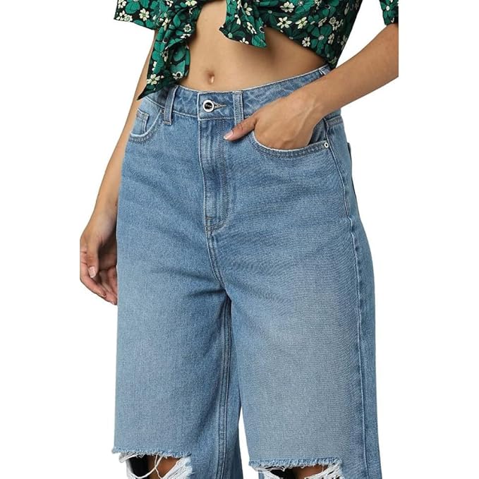ONLY Women High Rise Relaxed Fit Highly Distressed|Light Fade Jeans