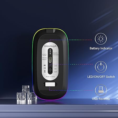 Uiosmuph LED Wireless Mouse, G12 Slim Rechargeable Wireless Silent Mouse, 2.4G Portable USB Optical Wireless Computer Mice with USB Receiver and Type C Adapter (Matte Black)