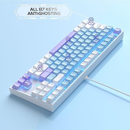MageGee 75% Mechanical Gaming Keyboard with Blue Switch, LED Blue Backlit, 87 Keys Compact TKL Wired Computer Keyboard for Windows Laptop PC Gamer - Blue/White