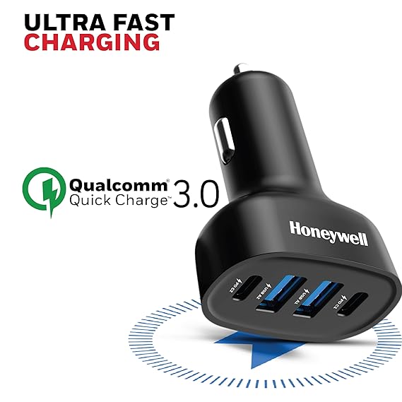 Honeywell Newly Launched Micro CLA 100W PD Smart Car Charger, 2xType C & 2xUSB A Port, Ultra-Fast Charging (Black)