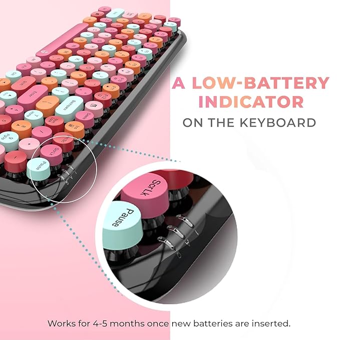 iGear KeyBee Retro Typewriter Inspired 2.4GHz Wireless Keyboard with Mouse Combo for Desktop/Laptop and Devices with USB Support, Single Nano Receiver, Round Keycaps, Cleaning Brush (Black Pink)