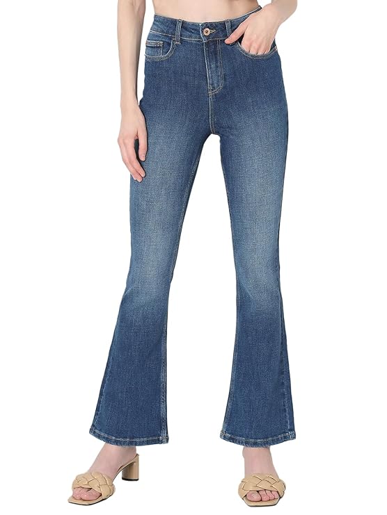 VERO MODA Women High Rise High Waist Bootcut Flared Jeans | Wide Leg Bell Bottom Denim | Stretchy & Stylish Retro Look