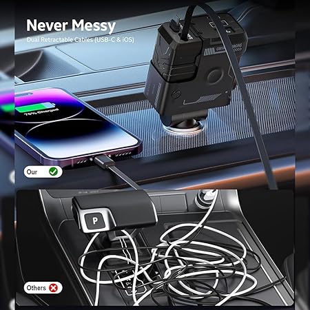 AMPERE 66W Retractable Car Charger - 4 in 1 Fast Car Charger with USB-C & Lightning Cables & Dual USB Ports (Type-C PD & USB-A)