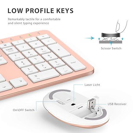 iClever USB Wireless Keyboard and Mouse Set GK08 - Rechargeable Wireless Keyboard Full Size Design with Number Pad, 2.4G Stable Connection Slim GK08 Keyboard Mouse Combo, Rose Gold