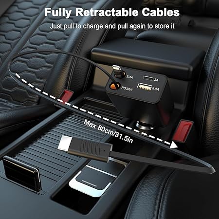 AMPERE 120W Retractable Car Charger - 4 in 1 Fast Car Charger with USB-C & Lightning Cables & Dual USB Ports (Type-C PD & USB-A)