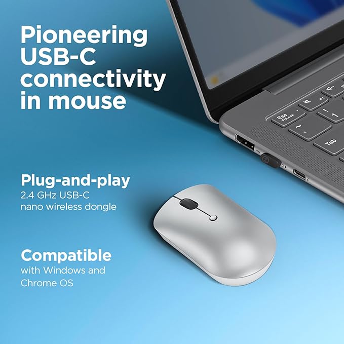 Lenovo 540 USB-C Compact Wireless Mouse (2400 DPI Sensor, 2.4GHz Wireless Nano USB, 4-Button (left click, right click, scroll click, DPI)|Ambidextrous Design| 3 Year Warranty | Cloud Grey)