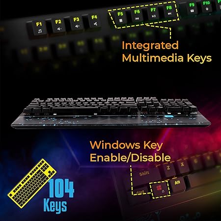 ZEBRONICS Zeb-MAX Chroma Premium Mechanical Gaming Keyboard with 104 Tactile Switch Keys, Wrist Rest, 18 RGB LED Modes, Braided & Gold Plated USB Cable