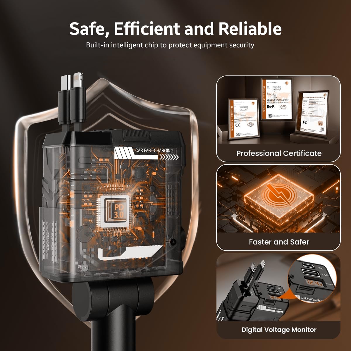 AMPERE 66W Retractable Car Charger - 4 in 1 Fast Car Charger with USB-C & Lightning Cables & Dual USB Ports (Type-C PD & USB-A)
