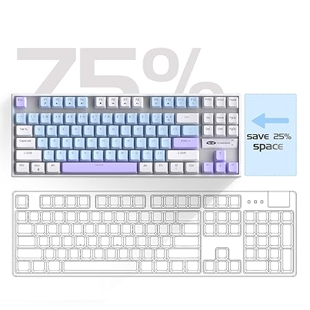 MageGee 75% Mechanical Gaming Keyboard with Blue Switch, LED Blue Backlit, 87 Keys Compact TKL Wired Computer Keyboard for Windows Laptop PC Gamer - Blue/White