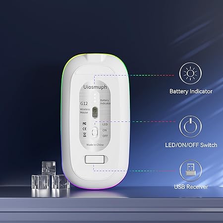 Uiosmuph LED Wireless Mouse G12 Slim Rechargeable Silent Mouse, 2.4G Portable USB Optical Computer Mice With USB Receiver and Type C Adapter (Blacklish Green)
