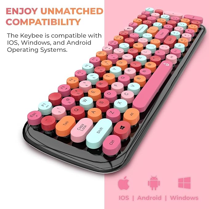 iGear KeyBee Retro Typewriter Inspired 2.4GHz Wireless Keyboard with Mouse Combo for Desktop/Laptop and Devices with USB Support, Single Nano Receiver, Round Keycaps, Cleaning Brush (Black Pink)
